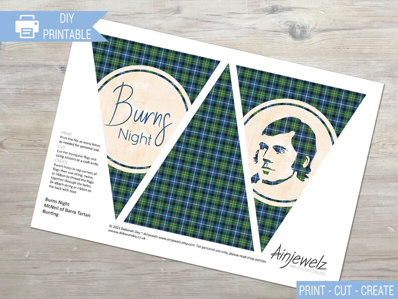 May include: Printable bunting flags featuring a blue, green, and yellow tartan pattern with the text "Burns Night" and a portrait of Robert Burns. The flags are designed for a Burns Night celebration.