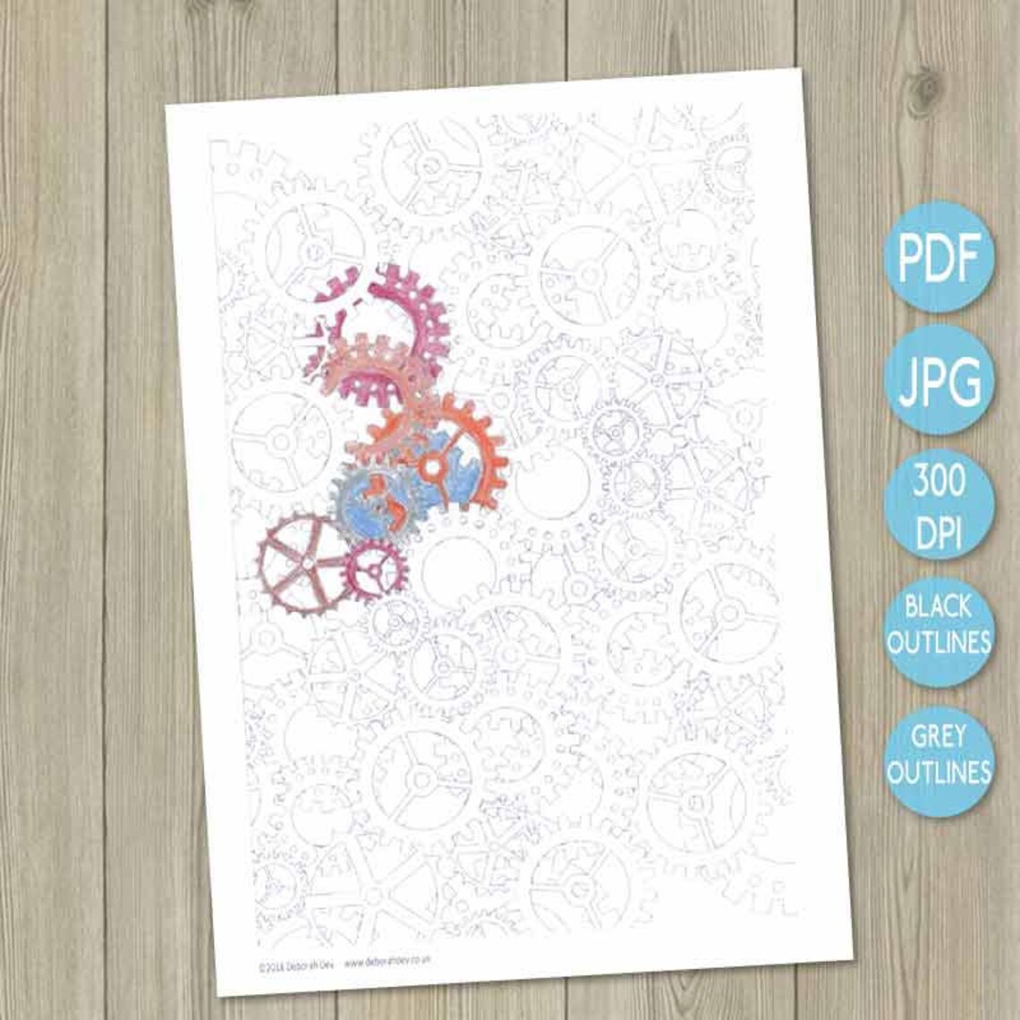 Steampunk Cogs Coloring Page: Printable Watch Parts Design (PDF, JPEG ...