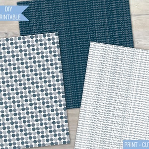 May include: Three printable digital paper designs in blue and white. The first design features a repeating pattern of small blue circles on a white background. The second design features a repeating pattern of thin blue lines on a white background. The third design features a repeating pattern of thin white lines on a blue background. The text "PRINT - CUT - CREATE" is at the bottom of the image.