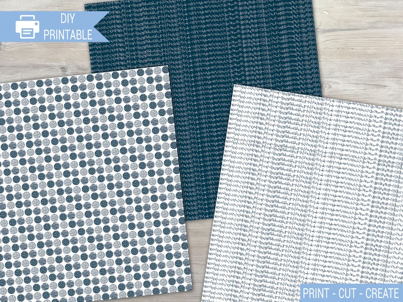 May include: Three printable digital paper designs in blue and white. The first design features a repeating pattern of small blue circles on a white background. The second design features a repeating pattern of thin blue lines on a white background. The third design features a repeating pattern of thin white lines on a blue background. The text "PRINT - CUT - CREATE" is at the bottom of the image.