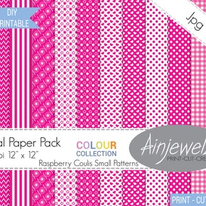 May include: Digital paper pack with 12 different patterns in pink and white. The patterns include polka dots, hearts, stars, swirls, stripes, and gingham. The pack is 300 dpi and each sheet is 12 inches by 12 inches.
