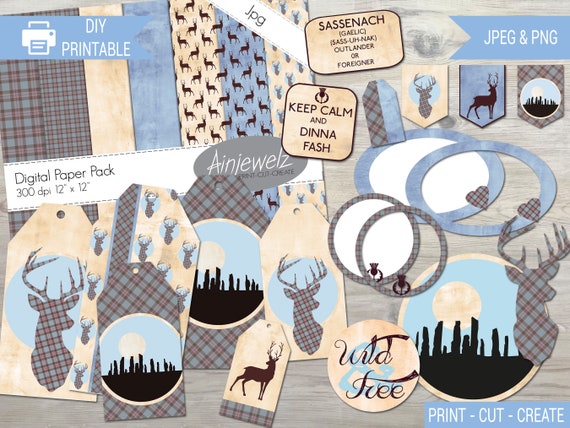 Scottish Digital Scrapbook Bundle printable, Scotland junk journal kit, printable papers, tags, frames, clipart
