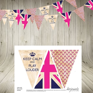 Vintage Union Jack Keep Calm Bunting Garland Flags - Deep Pink - british party bunting street party banner