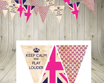 Vintage Union Jack Keep Calm Bunting Garland Flags - Deep Pink - british party bunting street party banner