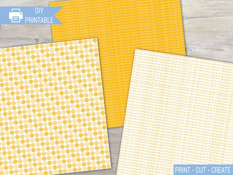 May include: Two printable digital paper designs in yellow and white. One design features a repeating pattern of small yellow circles on a white background. The other design features a repeating pattern of thin yellow lines on a white background. The text "PRINT - CUT - CREATE" is visible at the bottom of the image.