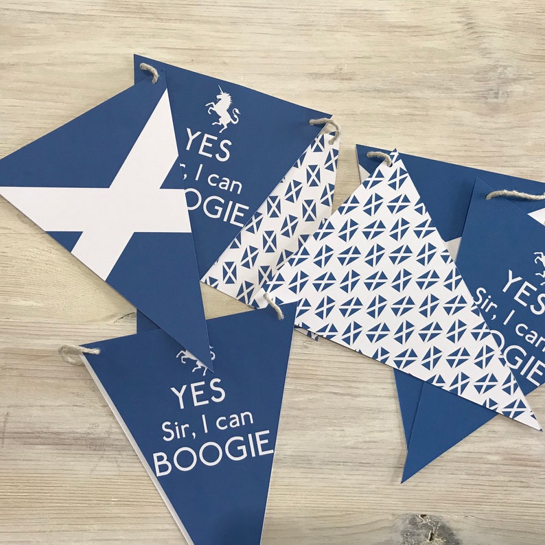 May include: A set of blue and white triangular pennants with the text "YES, I can BOOGIE" and a unicorn graphic. The pennants have a white and blue plaid pattern.