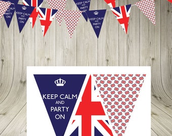May include: A printable bunting banner with a Union Jack design and the text "Keep Calm and Party On". The banner is made up of triangular flags with a red, white, and blue color scheme.