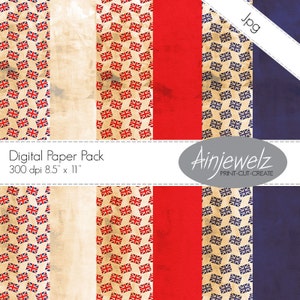 Pacote de papel digital vintage Union Jack - Coroação do Rei Carlos III - Papéis artesanais vermelho azul creme