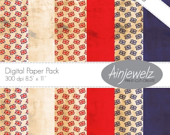 Vintage Union Jack Digital Paper Pack - King Charles III Coronation - Red Blue Cream craft papers