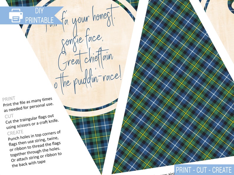 May include: Printable DIY banner with a plaid pattern and the text "Fa your honest. Sonsie face. Great chieftain o the puddin race!"  Print, cut, and create your own banner.