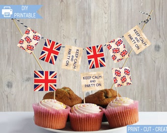 Vintage Union Jack Cupcake Flags, King Charles III Coronation, party decor