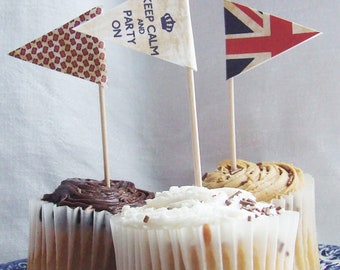 Vintage British Cupcake Flags, King Charles III Coronation, union jack party decor, England toothpick flags, sandwich & cake toppers