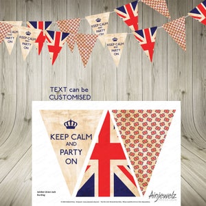 May include: A printable bunting banner with a vintage look featuring the Union Jack flag and the text "Keep Calm and Party On". The banner is perfect for a patriotic party or celebration.