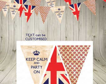 May include: A printable bunting banner with a vintage look featuring the Union Jack flag and the text "Keep Calm and Party On". The banner is perfect for a patriotic party or celebration.