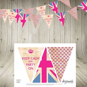 Vintage Union Jack Keep Calm Party On Bunting, Pink Garland, printable bunting, British party street party blue party flags image 1