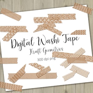 Kraft Digital Washi Tape clipart with white geometric designs, Kraft printable image 1