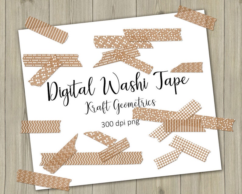 Kraft Digital Washi Tape clipart with white geometric designs, Kraft printable image 1