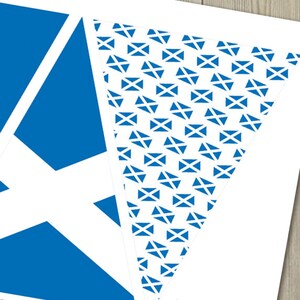 May include: A printable pennant banner with a repeating pattern of the Scottish flag, featuring a white X on a blue background.