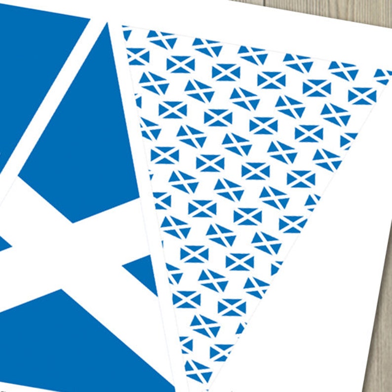 May include: A printable pennant banner with a repeating pattern of the Scottish flag, featuring a white X on a blue background.