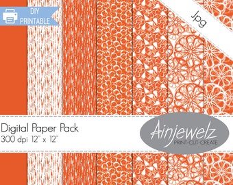 Orange Digital Scrapbook Paper Printable,  citrus fruit pattern, orange & white