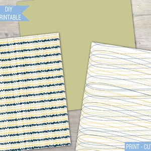 May include: Printable digital paper pack with three patterns: a yellow and blue striped pattern, a white pattern with yellow and blue lines, and a solid light green pattern. The text "PRINT - CUT - CREATE" is at the bottom of the image.