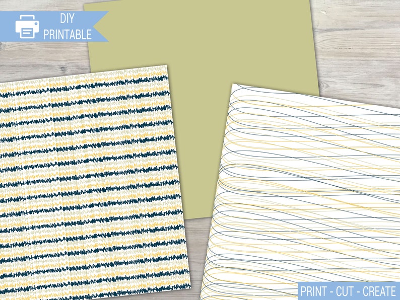 May include: Printable digital paper pack with three patterns: a yellow and blue striped pattern, a white pattern with yellow and blue lines, and a solid light green pattern. The text "PRINT - CUT - CREATE" is at the bottom of the image.