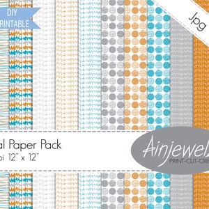 Puede incluir: Un paquete de papel digital con varios patrones en turquesa, naranja, gris y blanco. Los diseños incluyen líneas abstractas, círculos garabateados y un motivo similar a un latido del corazón. El paquete está etiquetado como "Digital Paper Pack" y mide 30.48 cm x 30.48 cm.