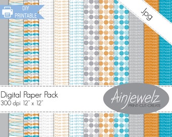 Modern scrapbook paper printable, scribble designs in turquoise, orange, silver grey & white