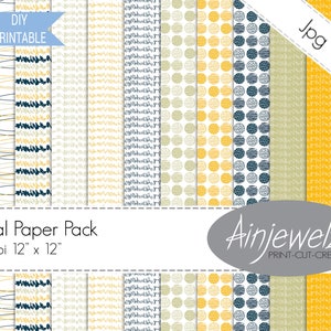 May include: Digital paper pack with 12 different patterns in yellow, blue, and white. The patterns include stripes, polka dots, and abstract designs. The pack is 300 dpi and each sheet is 12 inches by 12 inches.