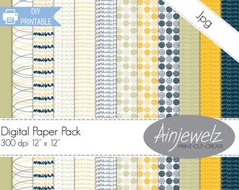 Modern scrapbook paper printable, scribble designs in navy, yellow, sage green & white