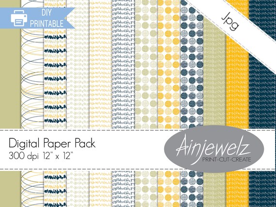 Modern scrapbook paper printable, scribble designs in navy, yellow, sage green & white