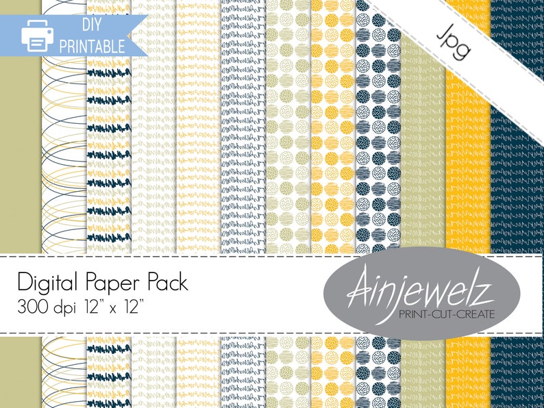 May include: Digital paper pack with 12 different patterns in yellow, blue, and white. The patterns include stripes, polka dots, and abstract designs. The pack is 300 dpi and each sheet is 12 inches by 12 inches.