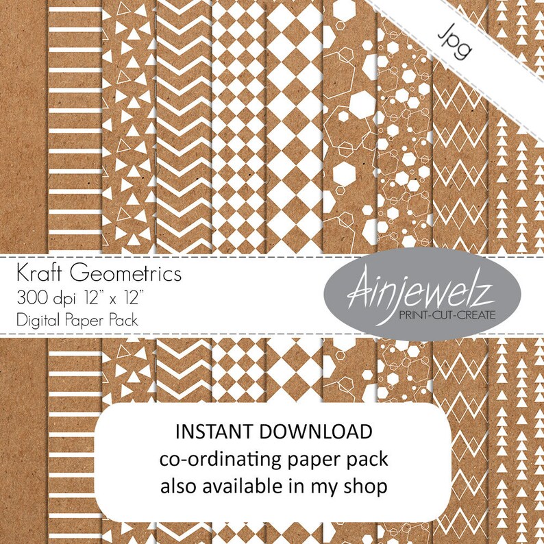 Kraft Digital Washi Tape clipart with white geometric designs, Kraft printable image 5