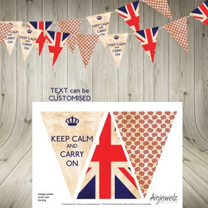 May include: Printable bunting flags with a vintage Union Jack design. The flags feature the text "Keep Calm and Carry On" and a crown. The text can be customized.
