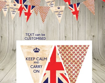 May include: Printable bunting flags with a vintage Union Jack design. The flags feature the text "Keep Calm and Carry On" and a crown. The text can be customized.