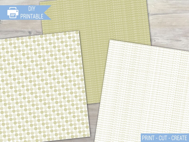May include: Two digital paper designs in a light green and white color scheme. One design features a repeating pattern of small circles. The other design features a repeating pattern of thin lines.  The text "PRINT - CUT - CREATE" is at the bottom of the image.