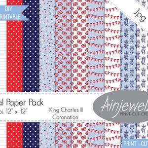 King Charles III Coronation Digital Paper Pack, Royal Cypher, Street Party Bunting