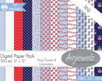 King Charles III Coronation Digital Paper Pack, Royal Cypher, Street Party Bunting