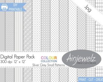 Silver Grey & White scrapbook paper printable, small pattern designs, Colour Collection-Silver Grey