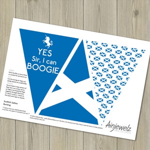 May include: Printable Scottish Saltire bunting with a blue background and white saltire pattern. The bunting includes a flag with a unicorn and the text "YES Sir, I can BOOGIE".