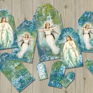 Vintage Angels Peace Christmas gift tags printable, christmas ephemera image 1