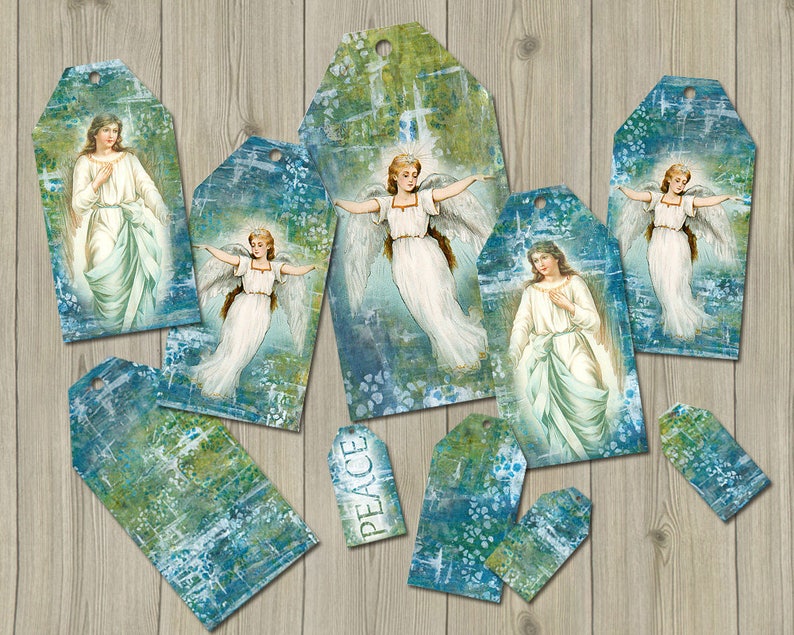 Vintage Angels Peace Christmas gift tags printable, christmas ephemera image 1