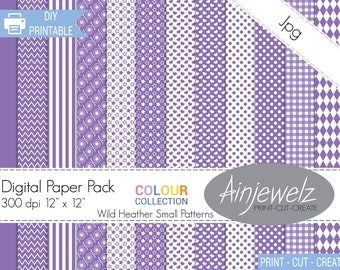 Purple & White scrapbook paper printable, small pattern digital papers, Colour Collection-Wild Heather