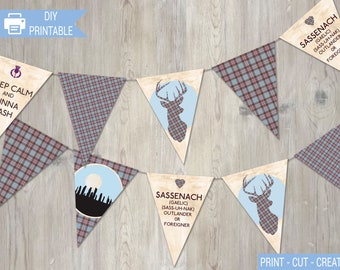May include: A printable banner with a Scottish theme. The banner features a variety of designs, including a stag, a plaid pattern, and the text "Keep Calm and Dinna Fash". The banner also includes the word "Sassenach" with the Gaelic pronunciation and definition.
