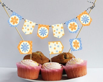 printable cupcake flags mini Bunting printable cake decor summer flowers bunting flags party printable