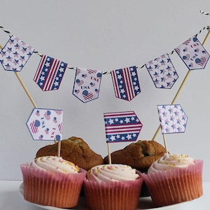 Könnte beinhalten: Eine Reihe von Cupcakes, die mit rosa Zuckerguss und Streuseln verziert sind und mit kleinen Flaggen mit roten, weißen und blauen Sternen und Streifen verziert sind. Die Flaggen sind zu einer Girlande zusammengefügt.