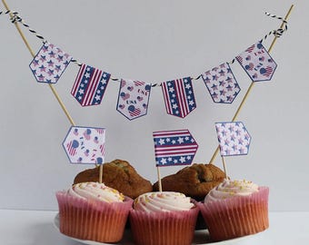 Vintage USA Cupcake Flags cake toppers Independence Day 4th July Cake Bunting Stars Stripes  thanksgiving toothpick flags Instant Download