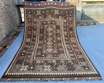 Vintage Afghan Tribal Kilim Rug 7'1x9'9 Beige Field Diamond Medallion, Handwoven Wool Geometric Navy Red Brown Flatweave Area Bohemian Decor