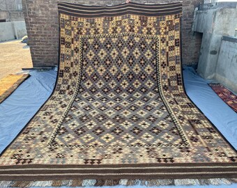 Vintage Maimana Afghan Kilim 7'8x9'10 Handwoven Wool Tribal Diamond Lattice Geometric Navy Beige Black Flatweave Oversized Living Room Decor