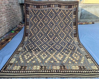 Maimana Afghan Kilim 6'9x10 Handwoven Wool Tribal Diamond Lattice Checkerboard, Beige Navy Gray Geometric Flatweave Area Bohemian Decor